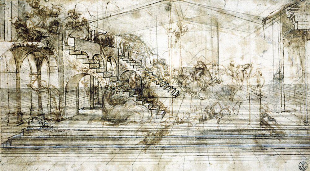 Scenario architettonico e rissa di cavalieri (studio prospettico per l’Adorazione dei Magi) (1481 circa) penna e inchiostro ferrogallico, pennello e inchiostro ferrogallico diluito, tracce di punta metallica, lumeggiature a biacca (carbonato basico di piombo) parzialmente ossidata, stilo e compasso su carta preparata color bruno chiaro, 164x290 mm. Firenze, Gabinetto Disegni e Stampe degli Uffizi